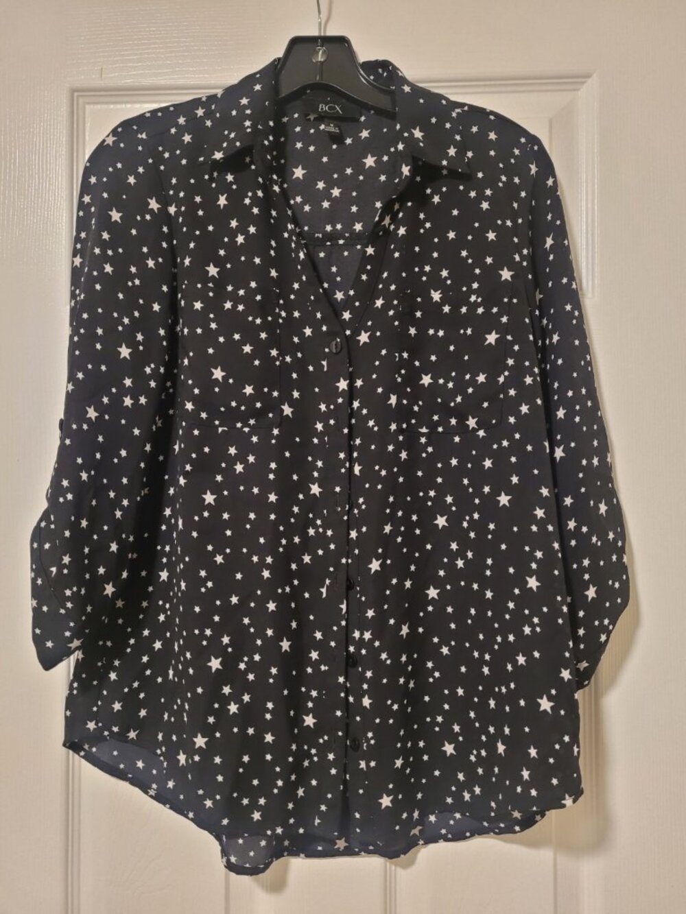 BCX Women's M Star Print Collared 3/4 Sleeve Button-Up Top